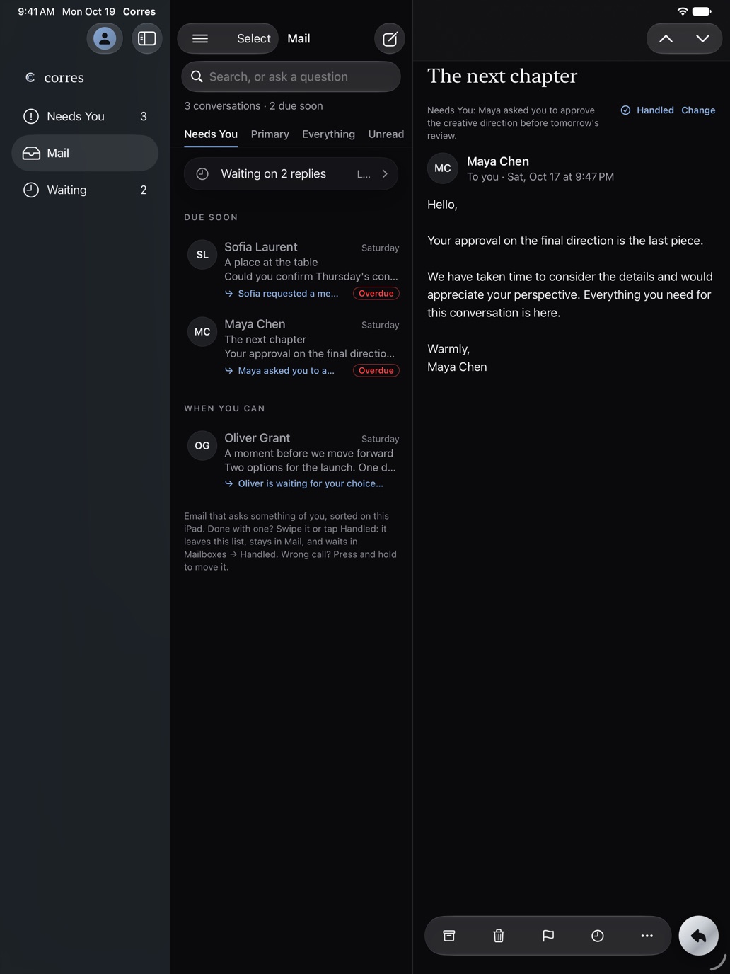 Corres on iPad: three columns with Needs You and an open email