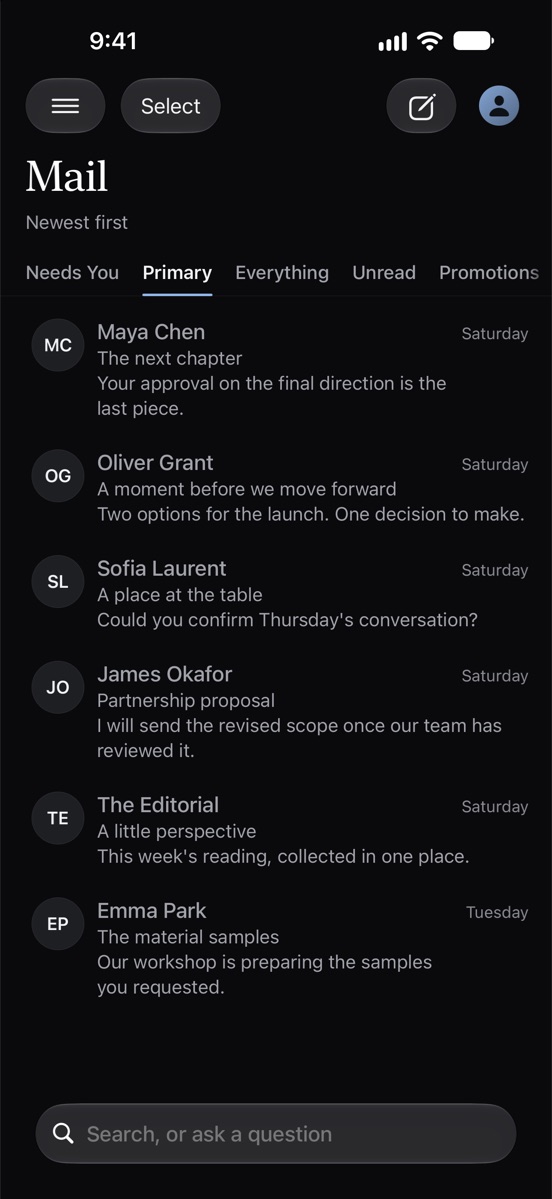 The Corres Mail list, sorted into Primary, Promotions, Social and Updates.
